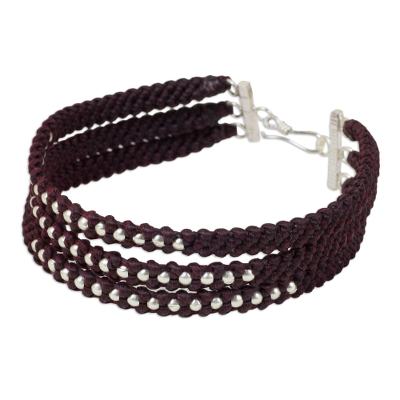 Dark Maroon Braided Wristband Bracelet with Silver Beads