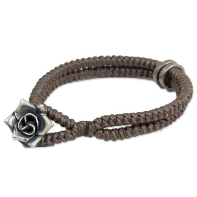 Hill Tribe Rose Clasp on Handcrafted Grey Wristband Bracelet