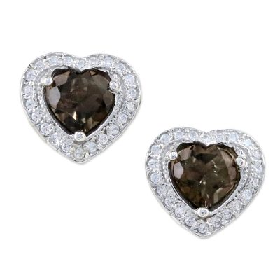 Smoky Quartz and Cubic Zirconia Heart Shaped Stud Earrings