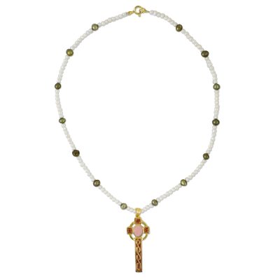 Gold Plated Cultured Pearl Pink Cross Necklace from Thailand