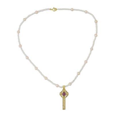 22k Gold Plated Cultured Pearl Purple Cross Necklace