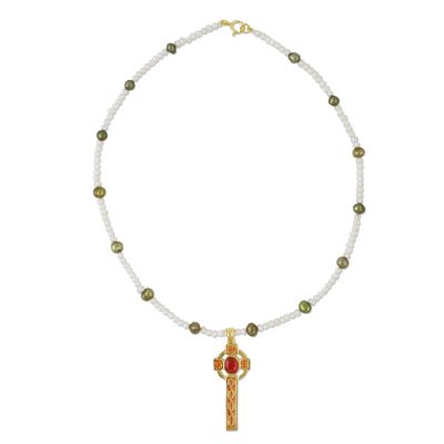 Gold Plated Cultured Pearl Red Cross Necklace from Thailand