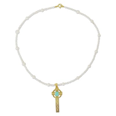 22k Gold Plated Cultured Pearl Aqua Cross Necklace