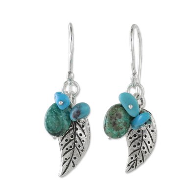 Silver and Recon Turquoise Leaf Earrings from Thailand