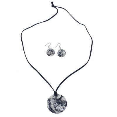 Handmade Blue Floral Ceramic Necklace and Earring Set