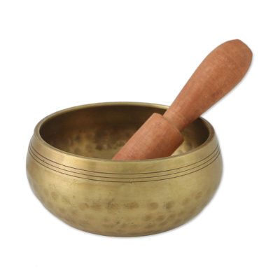 Brass and Raintree Wood Hammered Singing Bowl and Striker