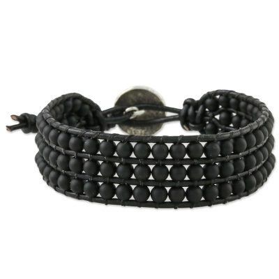 Matte Black Bead and Karen Silver Button Wristband Bracelet
