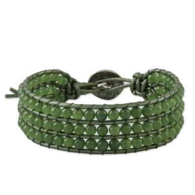 Green Quartz and Karen Silver Button Wristband Bracelet