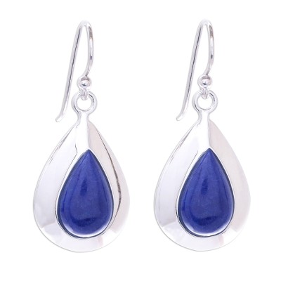Rhodium Plated Lapis Lazuli Teardrop Dangle Earrings