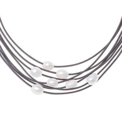Cultured Pearl Pendant Necklace on Brown Cord from Thailand