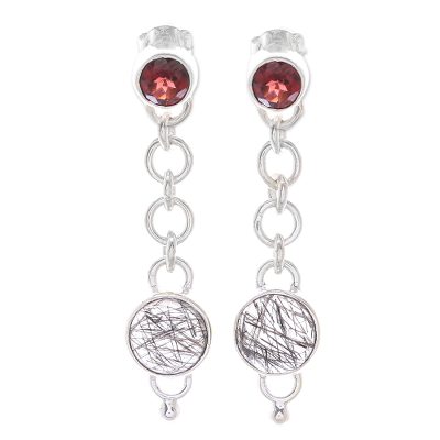 Tourmalinated Quartz and Garnet Chain Dangle Earrings