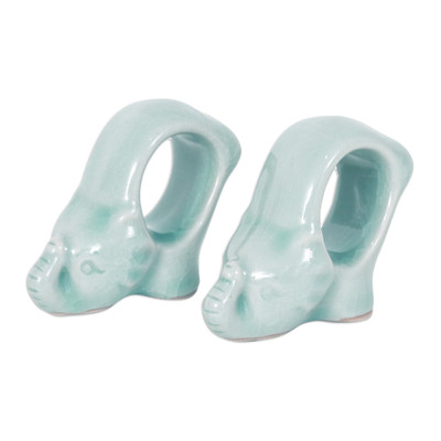 Elephant-Themed Blue Celadon Ceramic Napkin Rings (Pair)
