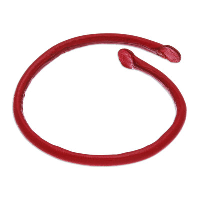 Unisex Red Dyed Leather Cuff Bracelet Handmade in Thailand