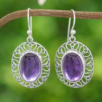 High Polished Floral Natural Amethyst Dangle Earrings