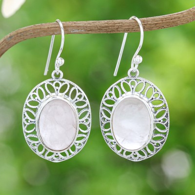 High Polished Floral Natural Rose Quartz Dangle Earrings
