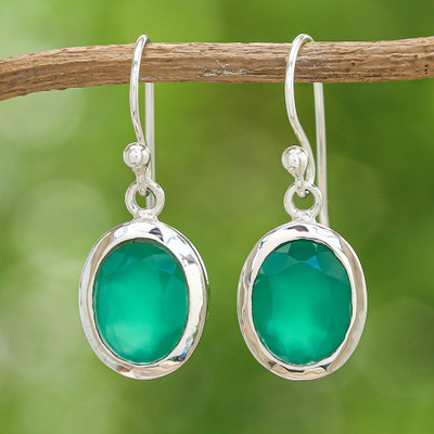 Polished Three-Carat Oval Chalcedony Dangle Earrings