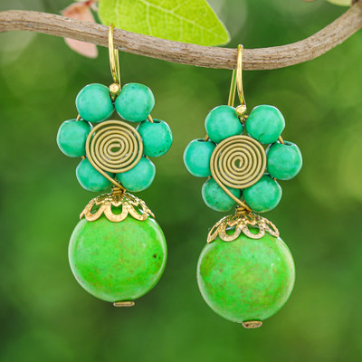 Green Magnesite Floral Dangle Earrings with Brass Spirals