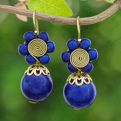 Blue Magnesite Floral Dangle Earrings with Brass Spirals