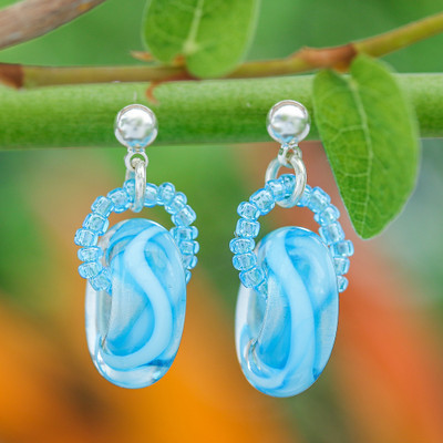 Handblown Glass Beaded Dangle Earrings with Swirl Motifs