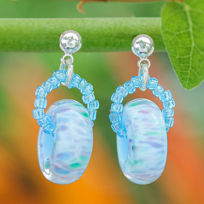 Handblown Glass Beaded Blue Dangle Earrings from Thailand