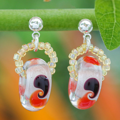 Handblown Glass Beaded Dangle Earrings with Colorful Motifs