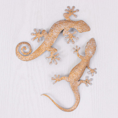 Set of Two Gecko-Shaped Golden Iron Wall Art Pieces