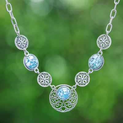 Floral Roman Glass Link Necklace with Filigree Pendants