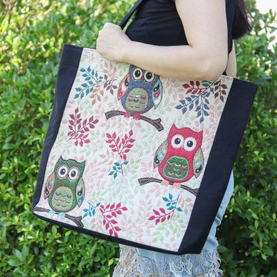 Owl-Themed Printed Cotton Blend Tote Bag with Zipper Closure