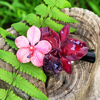 Handcrafted Pink and Burgundy Orchid Flower Resin Hair Clip