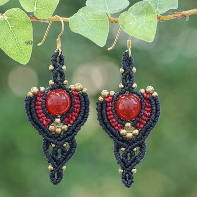 Hand-Knotted Carnelian and Brass Macrame Dangle Earrings