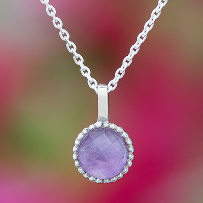 Silver Pendant Necklace with Round Faceted Amethyst Gem