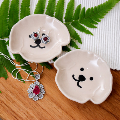 2 Poodle Puppy-Themed Hand-Painted Glazed Ceramic Catchalls