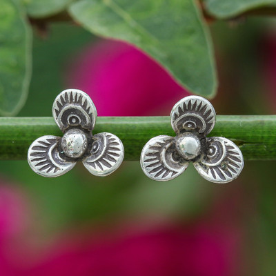 Trillium Flower-Shaped Sterling Silver Stud Earrings