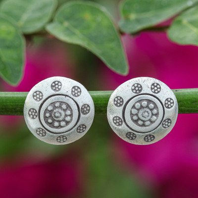 Silver Button Earrings with Hill Tribe Floral Patterns