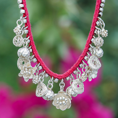 Silver Choker Charm Necklace with Red Cord from Thailand