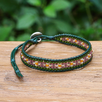 Green and Purple Glass Bead and Leather Wristband Bracelet