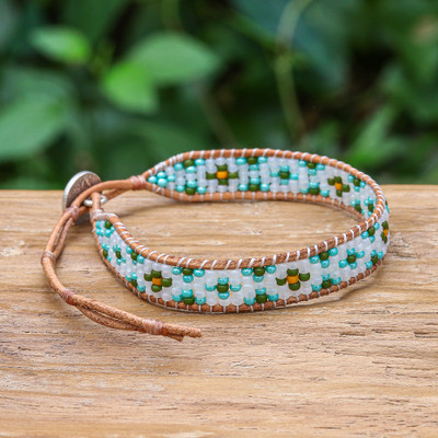 Turquoise Glass Bead and Brown Leather Wristband Bracelet