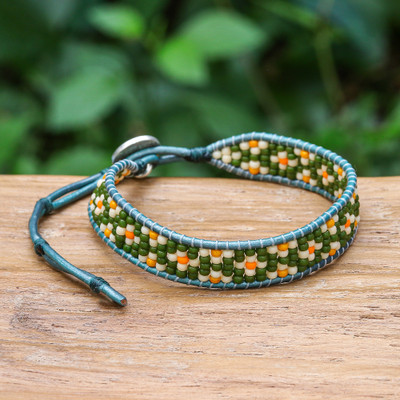 Adjustable Green and Ivory Glass Beaded Wristband Bracelet
