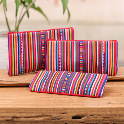 Hill Tribe-Inspired 3-Piece Striped Red Cosmetic Bag Set