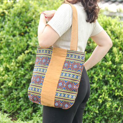 Thai-Inspired Brown and Blue Zippered 100% Cotton Tote Bag