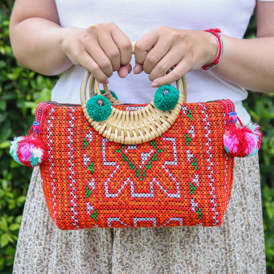 Hill Tribe Cotton and Natural Fiber Handle Bag with Pompons