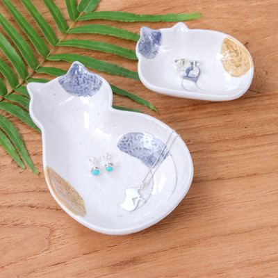 2 Abstract Cat-Themed Whimsical Glazed Ceramic Catchalls