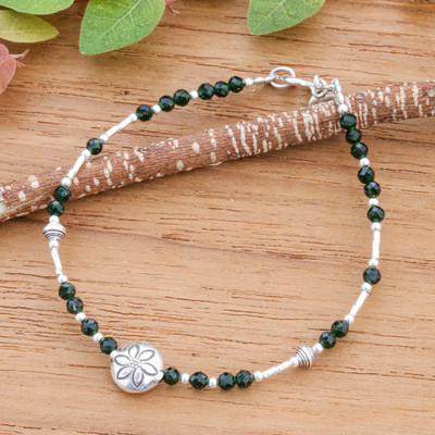 Floral Green Glass and Silver Beaded Bracelet from Thailand