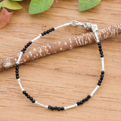 Folk Art-Inspired 5-Carat Onyx and Silver Beaded Bracelet