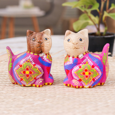 Folk Art-Themed Hand-Painted 2-Piece Wood Cat Figurine Set