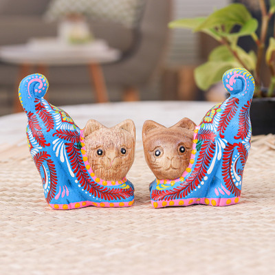 Artisan-Made 2-Piece Painted Raintreed Wood Cat Figurine Set