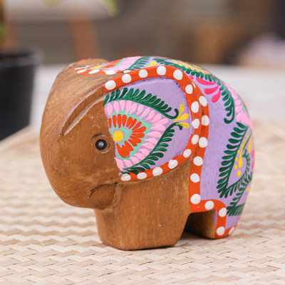 Floral Painted Raintree Wood Elephant Figurine in Fuchsia