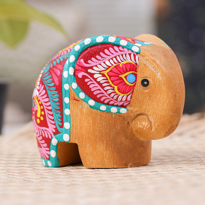 Thai-Made Floral Painted Raintree Wood Elephant Figurine