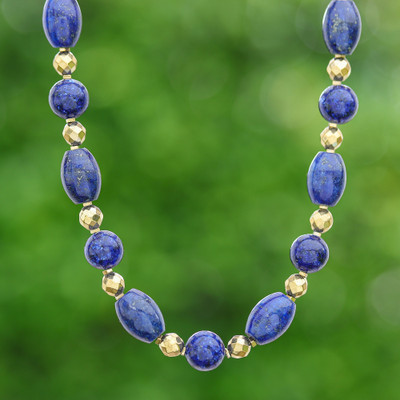 Lapis Lazuli Hematite Beaded Necklace with Gold-Plated Clasp