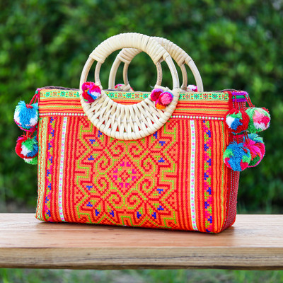 Folk Art-Themed Orange Cotton and Natural Fiber Handle Bag